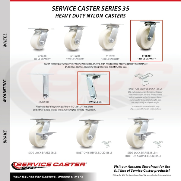 8 Inch Nylon Caster Set with Ball Bearings 2 Swivel 2 Rigid
